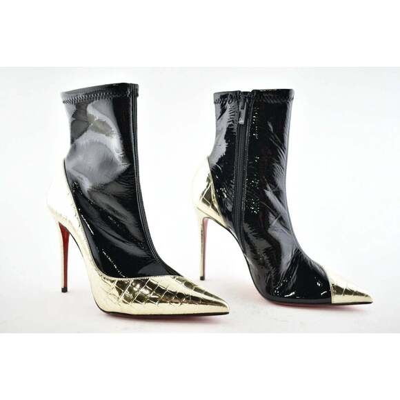 Christian Louboutin Bibooty 100 Black Platine Gold Patent Ankle Heel Boot 39.5 - Picture 4 of 12